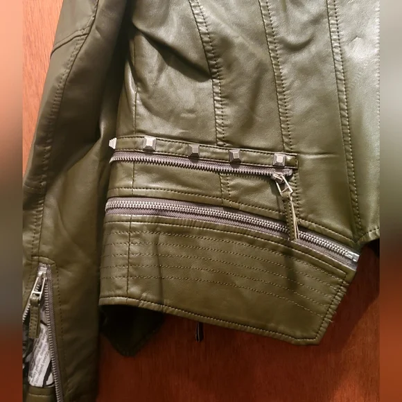 L&L Leisarely Life Collection Olive green Studded lined vegan leather jacket SzM - Picture 9 of 15